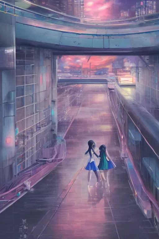 Prompt: 3d ultra realistic anime illustration, two schoolgirls flying on huge japanese elevated subway at rainy sunset. deep and complex composition. Pastel colors. style of Hiro Kiyohara anime. redshift, octane, trending on artstation, cinematic, oil painting