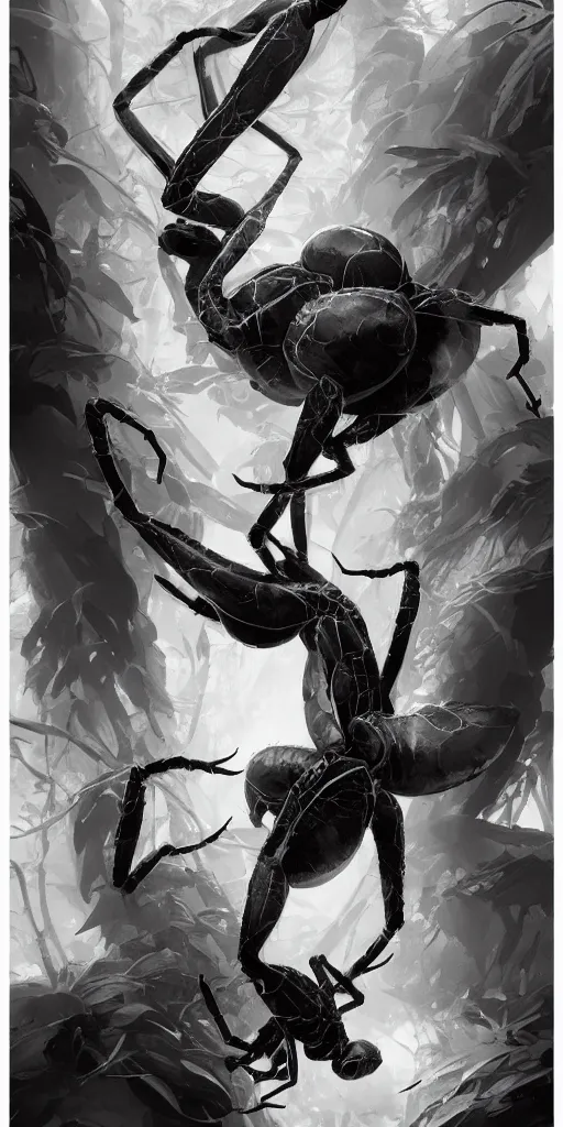 Image similar to highly detailed beautiful black and white photography of spiders, sharp focus, dynamic lighting, elegant harmony, beauty, masterpiece, by riccardo federici, by james jean, by craig mullins, by lois van baarle, by makoto shinkai, by greg tocchini, by greg rutkowski, illustration, ink draw, pen,