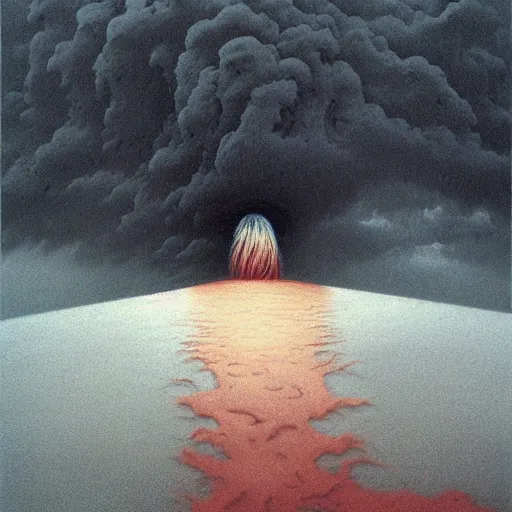 Image similar to killua zoldyck made by zdzisław beksinski, thunderstorm, 8 k, detailed, cinematic, rain, crying, black