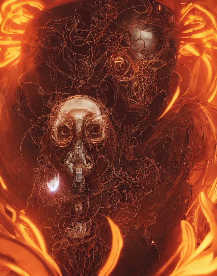 Prompt: symmetrical beautiful phoenix princess monk in robe face in biomechanical mask of a cyberpunk demon by Roberto Ferri. Edison bulb. white plastic. human skull jellyfish butterfly phoenix head. burning water. baroque ornament details, intricate artwork by Tooth Wu and wlop and beeple and dan mumford and greg rutkowski. halo. octane render, cinematic, hyper realism, octane render, 8k, depth of field, bokeh. iridescent touch. vibrant. saturated. blade runner style