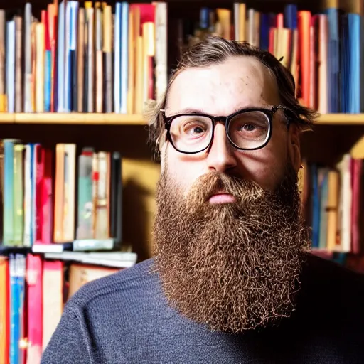 Image similar to medium shot portrait of a learned scholar, a long slightly unkept beard, a bookshelf in the background with neatly stacked books, set in the 1 9 5 0 s, bokeh, light from top right