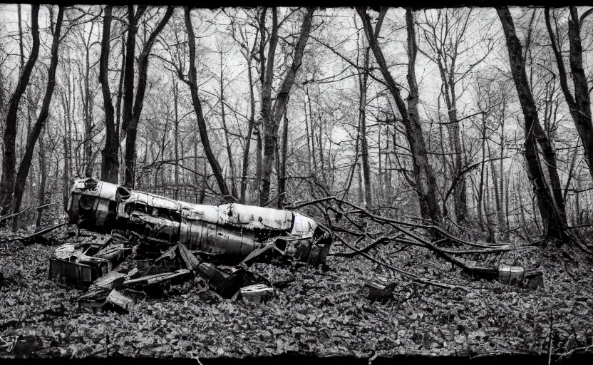 Prompt: soviet satellite wreckage in the wood by Andrei Tarkovsky, pinhole camera effect, lomography effect, analogue photo quality, monochrome, blur, unfocus