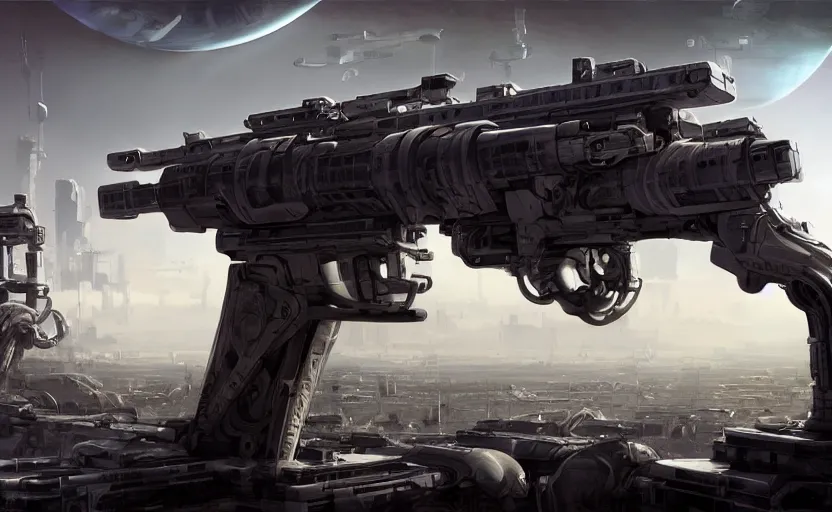 Image similar to a highly!! futuristic!! science - fiction!! rifle!!, dystopian, industrialized, unregenerated, hazardable, revisionary, concept art, futurist. cgsociety, 8 k, uhd, heic. by stephan martiniere