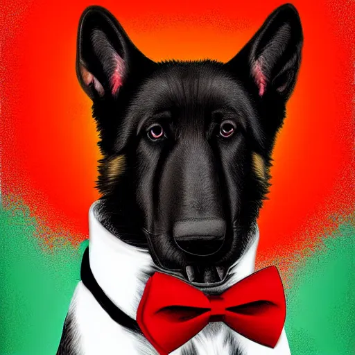 Image similar to german shepherd wearing a tuxedo with a red bow tie, digital art, highly detailed,