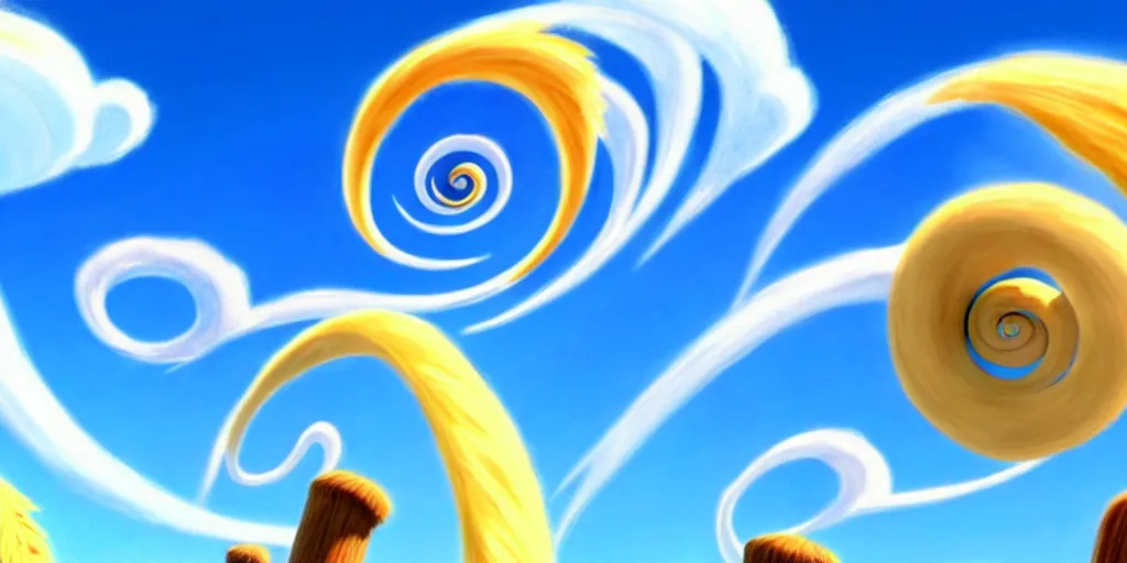 Image similar to cartoon concept art, clean blue sky, spiral clouds, from lorax movie