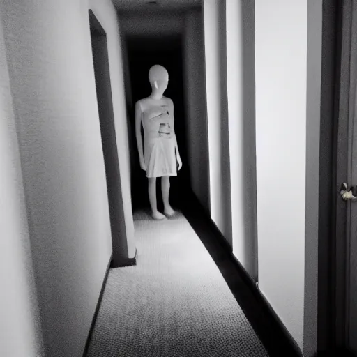 Image similar to creepy hotel hallway with a mannequin, liminal space, trail cam photo