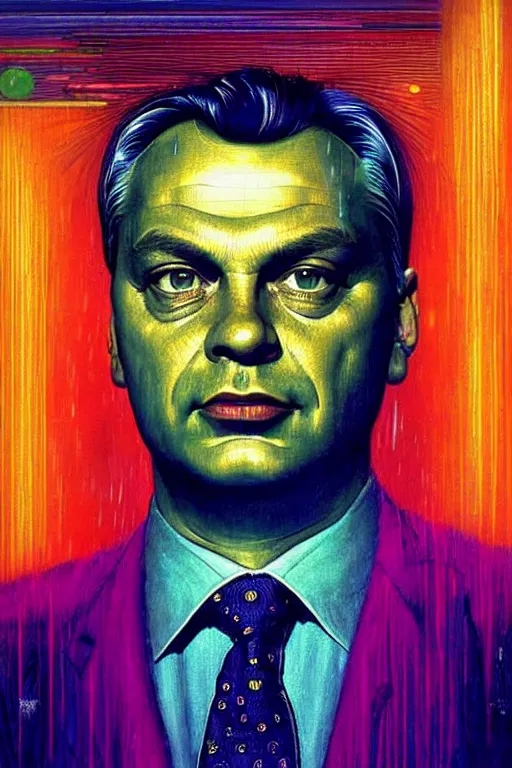 Image similar to 8 0 s art deco close up portait of viktor orban, rain like a dream oil painting curvalinear clothing cinematic dramatic cyberpunk textural fluid lines otherworldly vaporwave interesting details fantasy lut epic composition by basquiat zdzisław beksinski james jean artgerm rutkowski moebius francis bacon gustav klimt