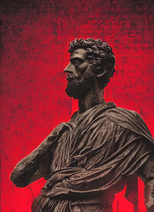 Image similar to dark design poster showing a heroic statue of marcus aurelius, black background with very subtle red and purple design elements, powerful, nekro, vito acconci, thin straight lines, dark, glitch art, neo vaporwave, gritty, layout frame, square, trending on artstation