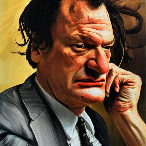 Image similar to high quality high detail painting by lucian freud, hd, portrait of mad tarantino