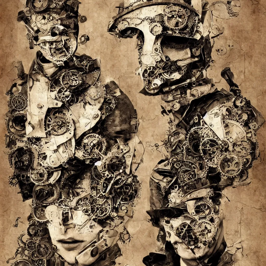 Prompt: steampunk boy with a super detailed and intricate mask, collage