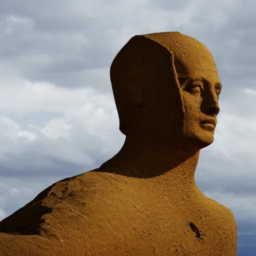 Image similar to ozymandias'statue, drowned in the dunes of the desert, photorealistic