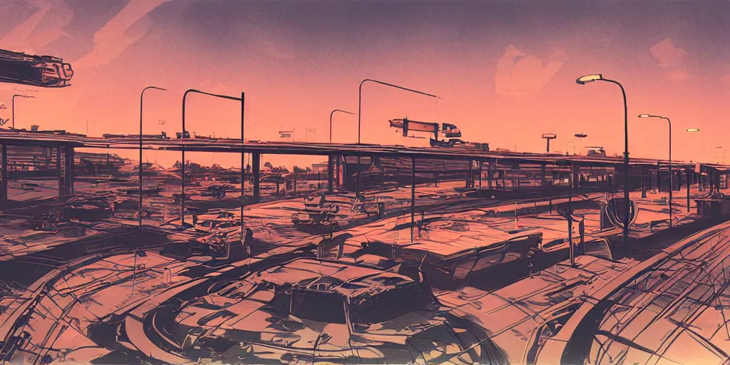 Prompt: post apocalyptic wasteland neon futuristic cyberpunk vaporwave glow sunset clouds sky highway overpass bus depot illustration by syd mead concept art