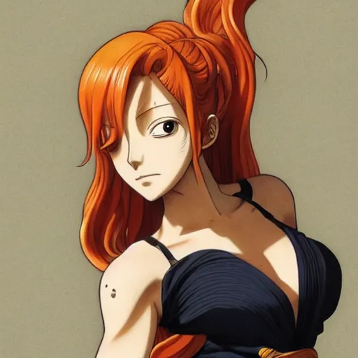 Image similar to intricately detailed vfx portrait of nami from one piece by eiichiro oda, makoto shinkai, alphonse mucha, art by artgerm and greg rutkowski, best of behance, concept art, matte, sharp focus, orange hair, elegant, adolphe bouguereau, annie leibovitz, stanley kubrick, johannes vermeer, hdr,