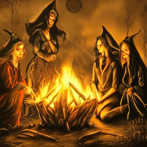 Prompt: witches around a fire, historical image, highly detailed, spooky, halloween, trending on artstation