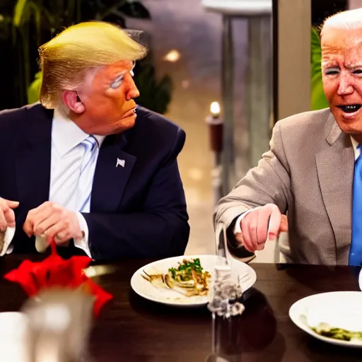 Image similar to Trump and Biden having dinner at a fancy Balinese restaurant, award winning photography, 85mm, perfect faces