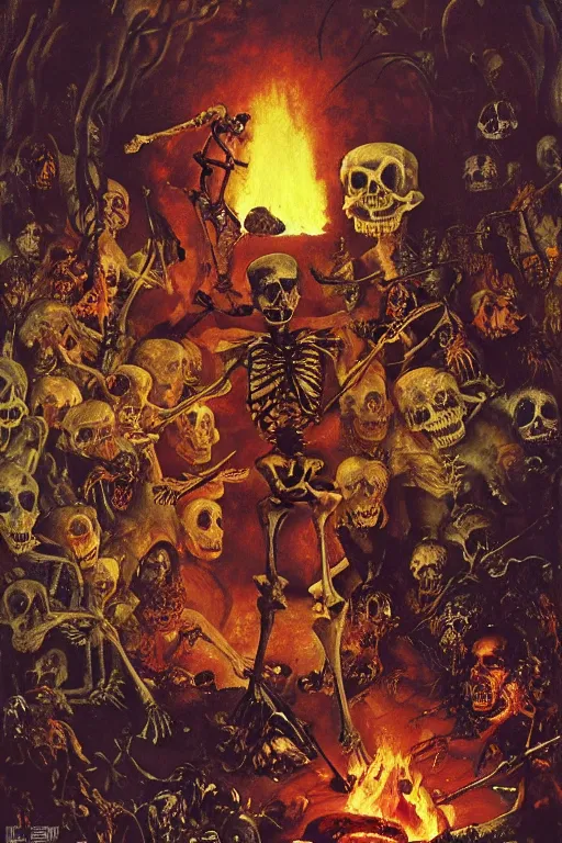 Image similar to a skeleton taming a blazing fire made of souls, channeling third eye energy, surrounded by a background of dark cyber mystic garden of earthly delights, midnight hour, painted part by wojciech siudmak, part by ilya repin, part by norman rockwell, part by hype williams, artstation