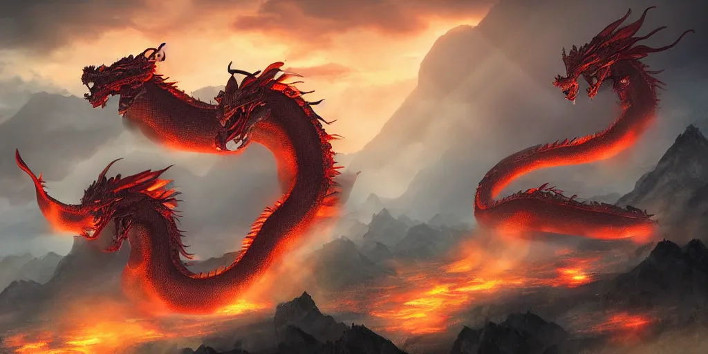 Image similar to two giant chinese dragons flying across the mountains fighting to the death, trending on artstation, digital art, fog, sun flare, fire, blood, rain, cut, bleeding, firebreathing, death