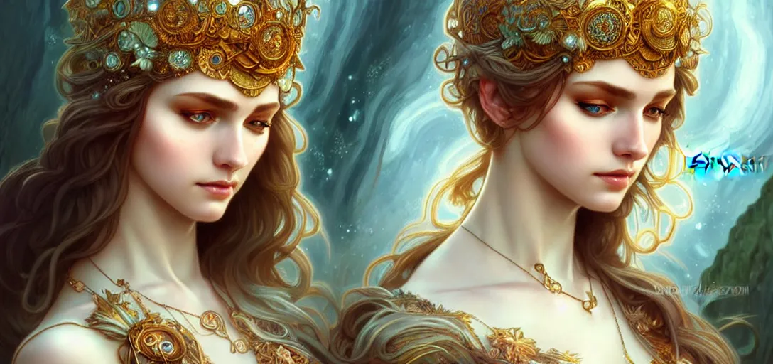 Prompt: beautiful nordic goddess, beautiful detailed eyes, cute, fantasy, intricate, elegant, highly detailed, digital painting, 4 k, hdr, concept art, detailed jewelry, smooth, sharp focus, illustration, art by artgerm, da vinci and alphonse mucha