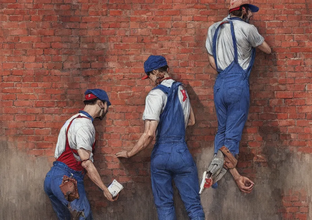 Prompt: italian man in blue overalls and red shirt with a red baseball cap and a big brown mustache with his back against a brick wall, dark mood, horror, highly detailed, digital painting, artstation, illustration, art by artgerm and greg rutkowski and alphonse mucha and krenz cushart