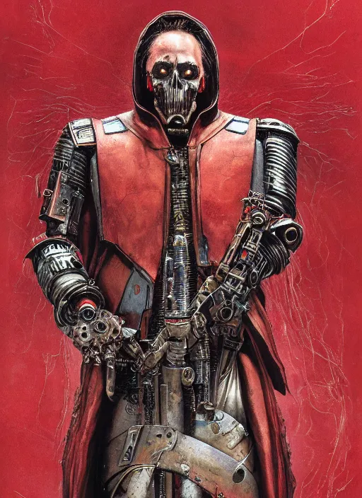 Image similar to portrait of rotten Nicolas Cage as adeptus mechanicus in red hood and robe from Warhammer 40000. Highly detailed, artstation, illustration by and John Blanche and zdislav beksinski and wayne barlowe and Gustav Klimt