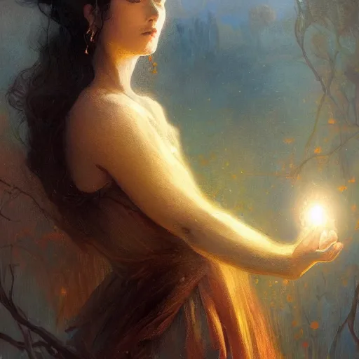 Prompt: A woman holding!!!!! Earth in her palms, illustrated by Greg Rutkowski and Gaston Bussiere, vividly radiantly beautiful lighting, closeup!!!!!, portrait imagery!!!!!, dazzling dappled lighting, subsurface scattering, light refractions, trending on artstation, 4k, 8k!!!!!