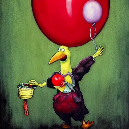 Image similar to grunge painting of big bird with a wide smile and a red balloon by chris leib, loony toons style, pennywise style, corpse bride style, horror theme, detailed, elegant, intricate