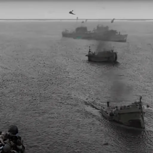 Prompt: modern camera footage of d - day invasion, violent, blood, realistic, high resolution