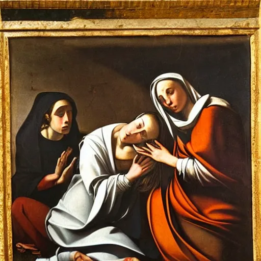 Image similar to 1 7 th century biblical painting of 3 women mourning at the tomb of jesus, 2 angels, style of caravaggio,