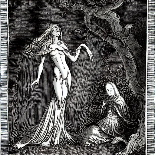 Prompt: a beautiful female necromancer raising the dead by gustav dore