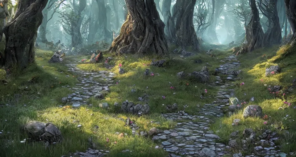 Image similar to Beautiful uplifting glade bg. Elven stone monuments along the pristine well-maintained pathway. Mysterious stone monuments. J.R.R. Tolkien's Middle-Earth. Trending on Artstation. Digital illustration. Artwork by Darek Zabrocki and Sylvain Sarrailh. Concept art, Concept Design, Illustration, Marketing Illustration, 3ds Max, Blender, Keyshot, Unreal Engine, ZBrush, 3DCoat, World Machine, SpeedTree, 3D Modelling, Digital Painting, Matte Painting, Character Design, Environment Design, Game Design, After Effects, Maya, Photoshop.