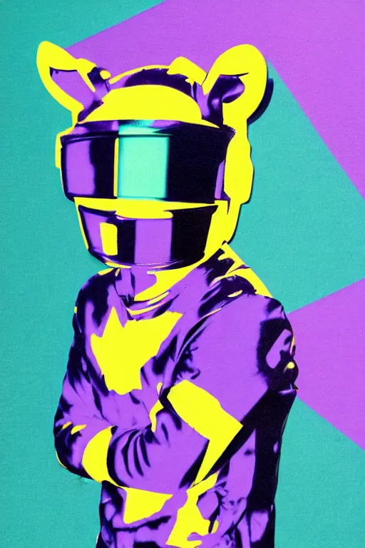 Image similar to Memphis abstract minimal art, purple stelar raccoon inspired by Andy Warhol and Daft Punk