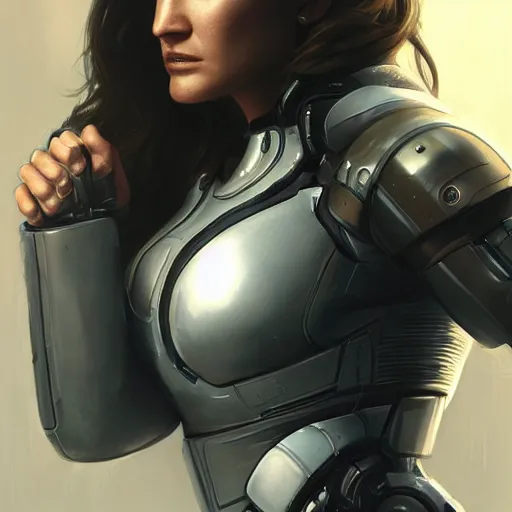 Image similar to gina carano with robotic cybernetic metallic grey left arm, casual pose, large portrait, cyberpunk, digital painting, artstation, concept art, smooth, 8 k frostbite 3 engine, ultra detailed, art by artgerm and greg rutkowski and magali villeneuve