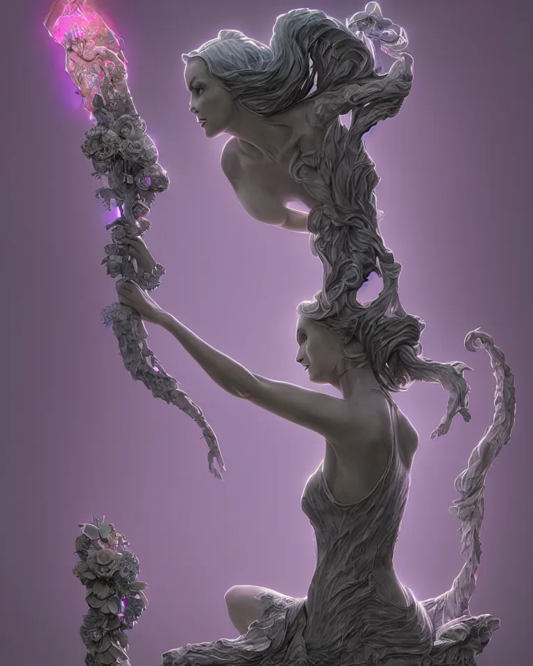 Image similar to a holographic portrait of a gorgeous etherial female gothic cemetery statue breaking apart by Andrew Ferez and RHADS, metaphysical painting, cosmic horror, octane render, trending on cgsociety, featured on zbrush central, grotesque, digital painting, vanitas, new sculpture, mystical