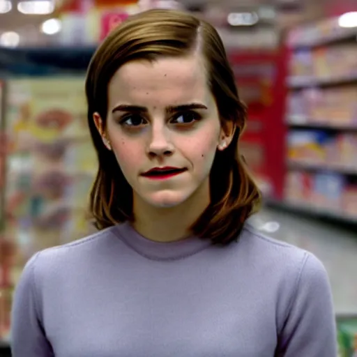 Image similar to emma watson, inside kmart, film still,