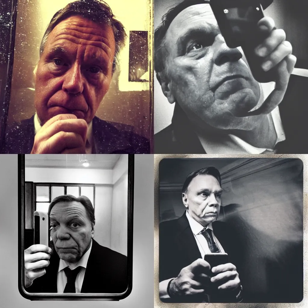 Prompt: old francois legault, selfie, duckface, instagram, filter, dirty mirror