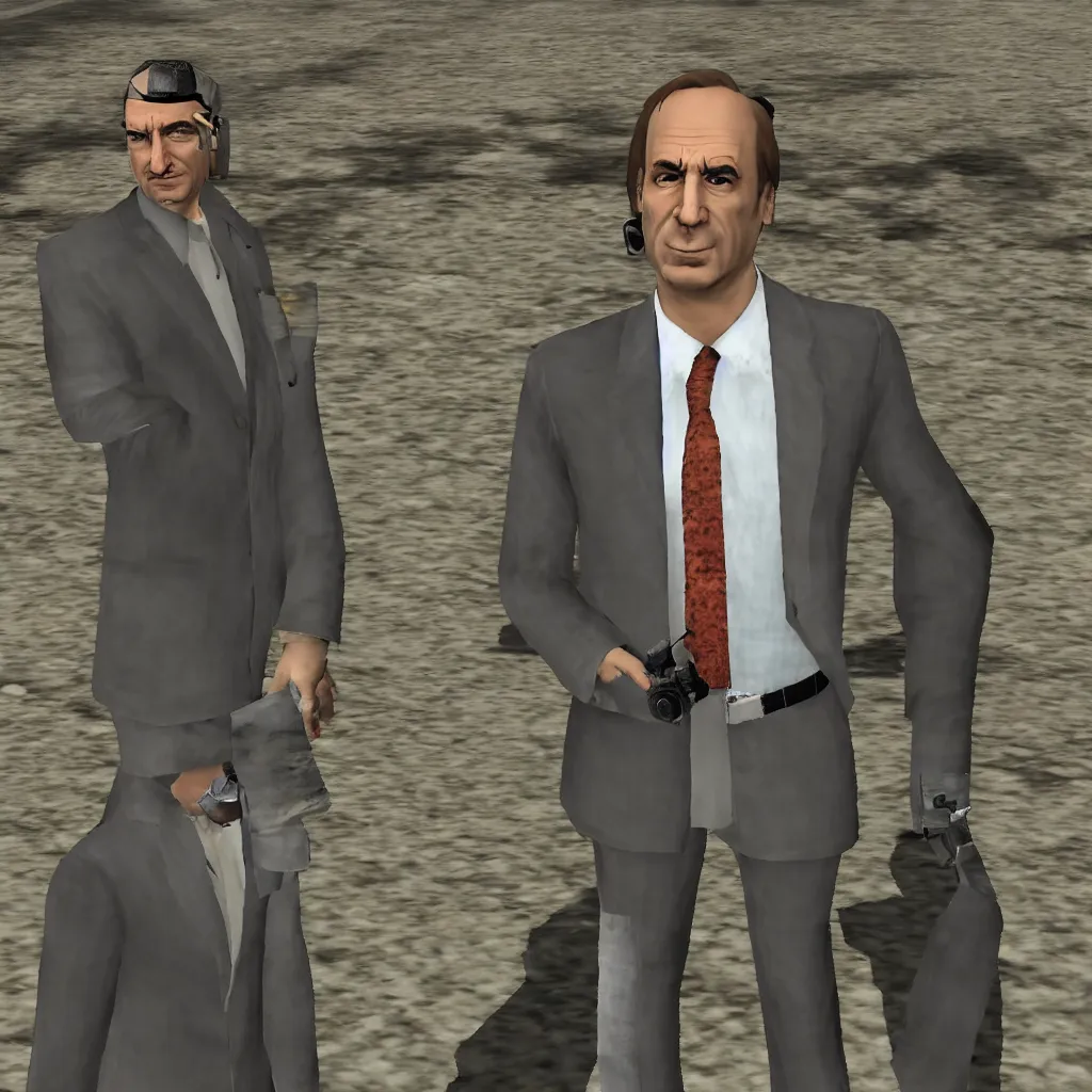 Image similar to Saul Goodman in a GTA San Andreas mission cutscene with CJ, game screenshot