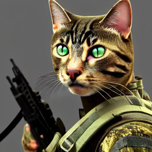 Image similar to cat soldier in call of duty warzone 4k, brown-green eyes with complete heterochromia ,high detail, high-resolution photograph, professional photography, ultra-detail