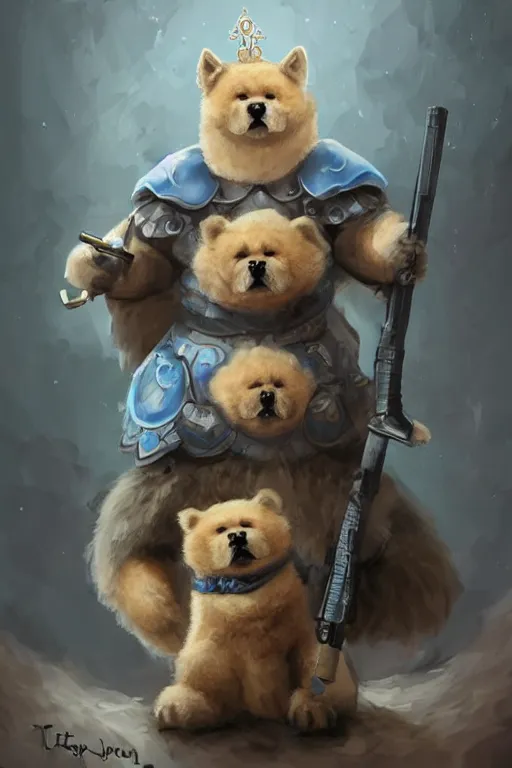 Prompt: cute anthropomorphic blue tong chow chow knight wearing a cape and a crown and holding a sniper, tiny, small, miniature chow chow, baby animal, short, pale blue armor, cute and adorable, pretty, beautiful, DnD character art portrait, matte fantasy painting, DeviantArt Artstation, by Jason Felix by Steve Argyle by Tyler Jacobson by Peter Mohrbacher, cinematic lighting