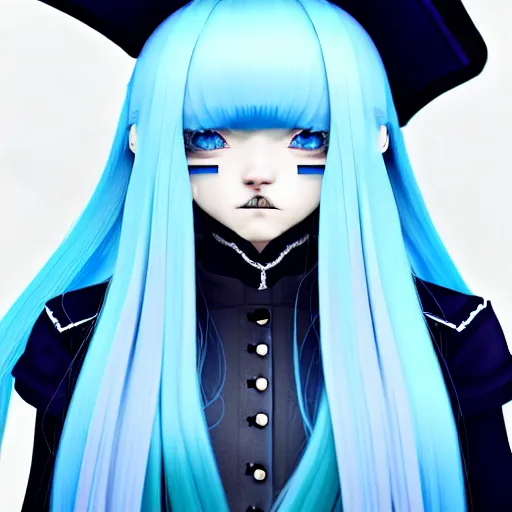 Image similar to low - angle shot from behind of a long light blue - haired girl in a blue tailcoat with a scabbard, combat boots, noir, screenshot, sharp focus, intricate, illustration, cell shaded, digital painting, highly detailed, straight hair, art by ilya kuvshinov, wlop, shutterstock, greg rutkowski, studio quality, james jean