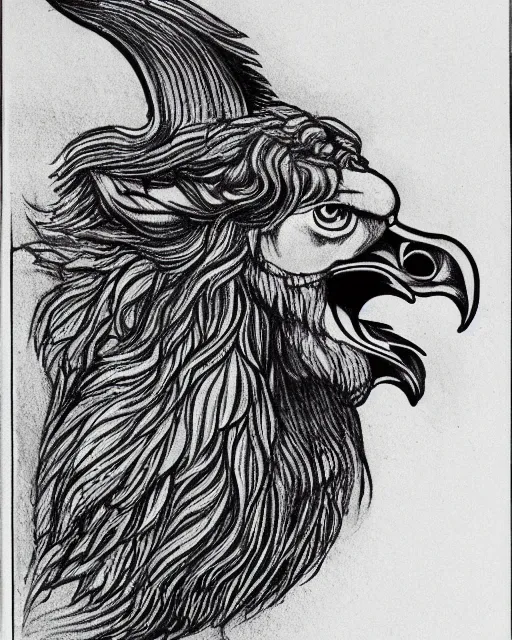 Image similar to human / eagle / lion / ox hybrid. horns, beak, mane. symmetrical. drawn by da vinci