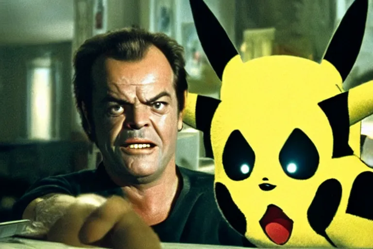 Image similar to Jack Nicholson plays Pikachu Terminator, scene where his inner endoskeleton is visible and his eye glows red, still from the film