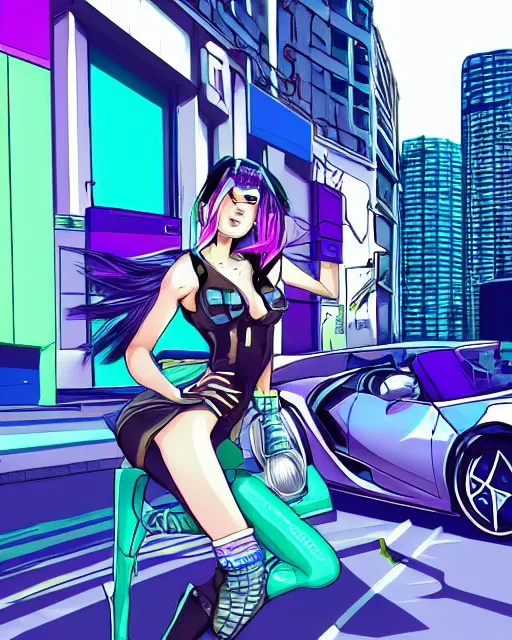 Image similar to cel shaded art of a pretty blue haired girl standing next to a purple lamborghinil, jet grind radio graphics, cyberpunk city street background