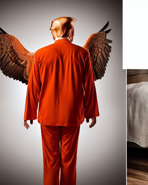 Image similar to Medium Shot Donald Trumps wearing orange pajamas kissing an american eagle, octane, dramatic lighting, editorial photo, 35mm, very detailed