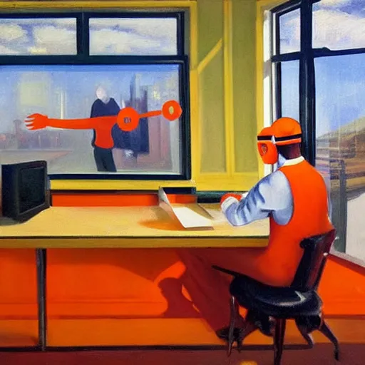 Image similar to A fine art painting of a man wearing Vr goggles dressed in orange overalls and creating the metaverse at a desk with screens, view through a window on a British street. In the style of Edward Hopper and Wes Anderson