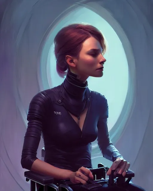 Prompt: masterpiece concept art, a beautiful highly detailed sci - fi lady on wheelchair, cinematic moody colors, realistic shaded lighting poster by ilya kuvshinov, magali villeneuve, artgerm, jeremy lipkin and michael garmash and rob rey,