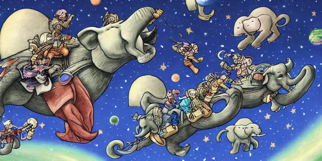 Prompt: the great a'tuin flying through space carrying discworld atop four elephants by kirby