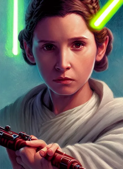 Image similar to young leia organa jedi holding a lightsaber highly detailed, deep focus, intricate, by magali villeneuve, greg rutkowski, and monet