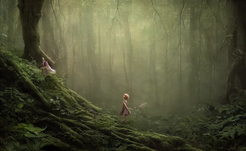 Image similar to A tiny fairy princess, in a dark forest, macro, cool tones, underexposed, overecast, mysterious matte painting by greg rutkowski and marc simonetti and Ivan Shishkin, 4k