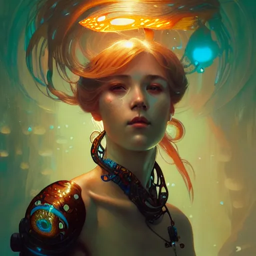 Image similar to Portrait of a cyborg girl surrounded by glowing Koi fish, face, fantasy, intricate, elegant, highly detailed, digital painting, artstation, concept art, smooth, sharp focus, illustration, art by Krenz Cushart and Artem Demura and alphonse mucha