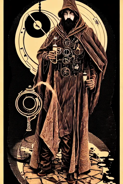 Prompt: cloaked steampunk wizard making a magic potion, high details, intricately detailed, by vincent di fate, inking, 3 color screen print, masterpiece, trending on artstation,, sharp, details, hyper - detailed, hd, 4 k, 8 k